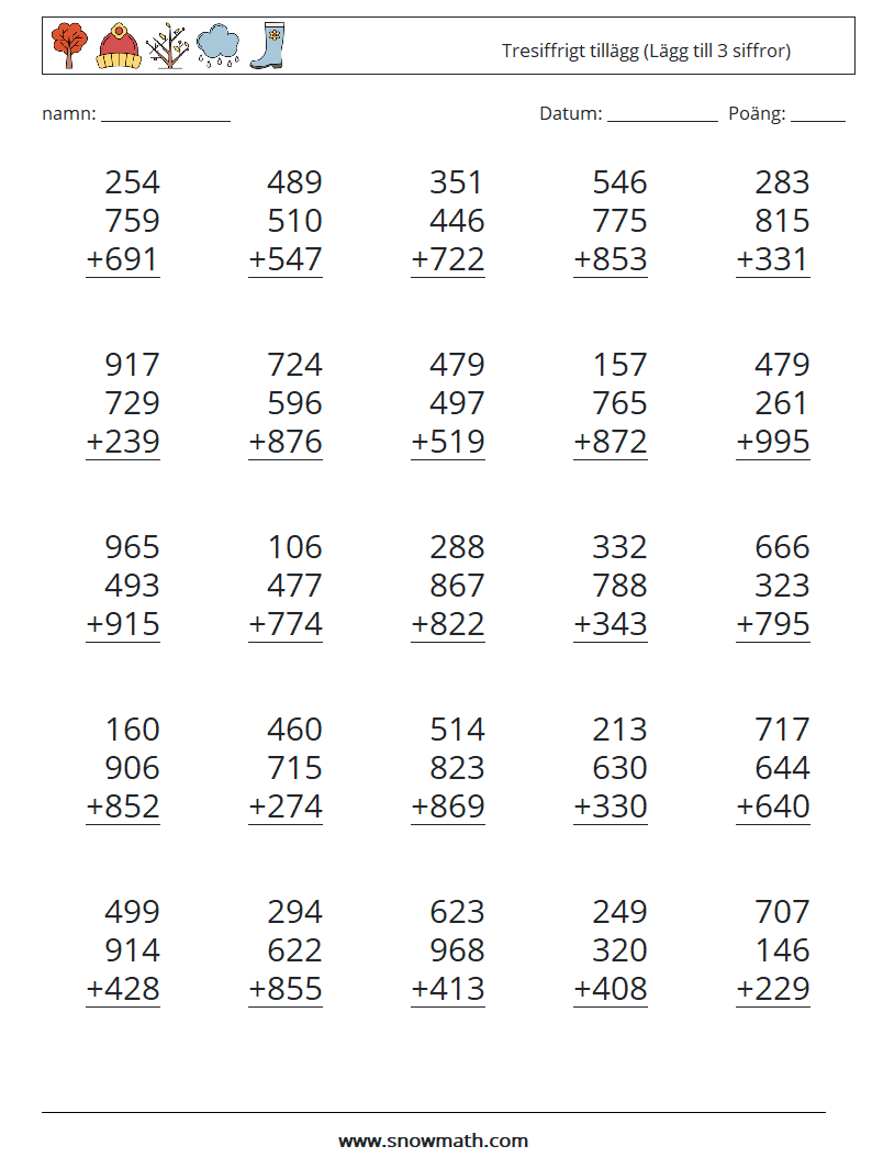 (25) Tresiffrigt tillägg (Lägg till 3 siffror) Matematiska arbetsblad 3