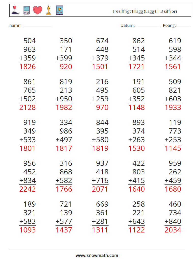 (25) Tresiffrigt tillägg (Lägg till 3 siffror) Matematiska arbetsblad 4 Fråga, svar