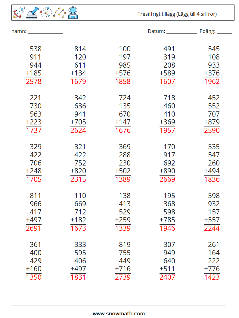 (25) Tresiffrigt tillägg (Lägg till 4 siffror) Matematiska arbetsblad 10 Fråga, svar