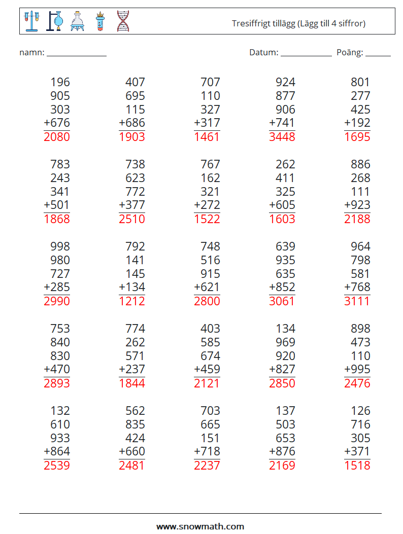 (25) Tresiffrigt tillägg (Lägg till 4 siffror) Matematiska arbetsblad 11 Fråga, svar