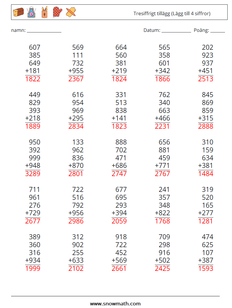 (25) Tresiffrigt tillägg (Lägg till 4 siffror) Matematiska arbetsblad 12 Fråga, svar