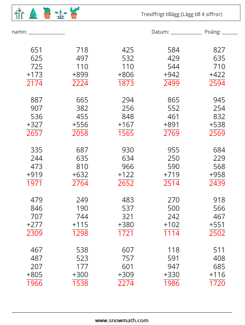 (25) Tresiffrigt tillägg (Lägg till 4 siffror) Matematiska arbetsblad 13 Fråga, svar