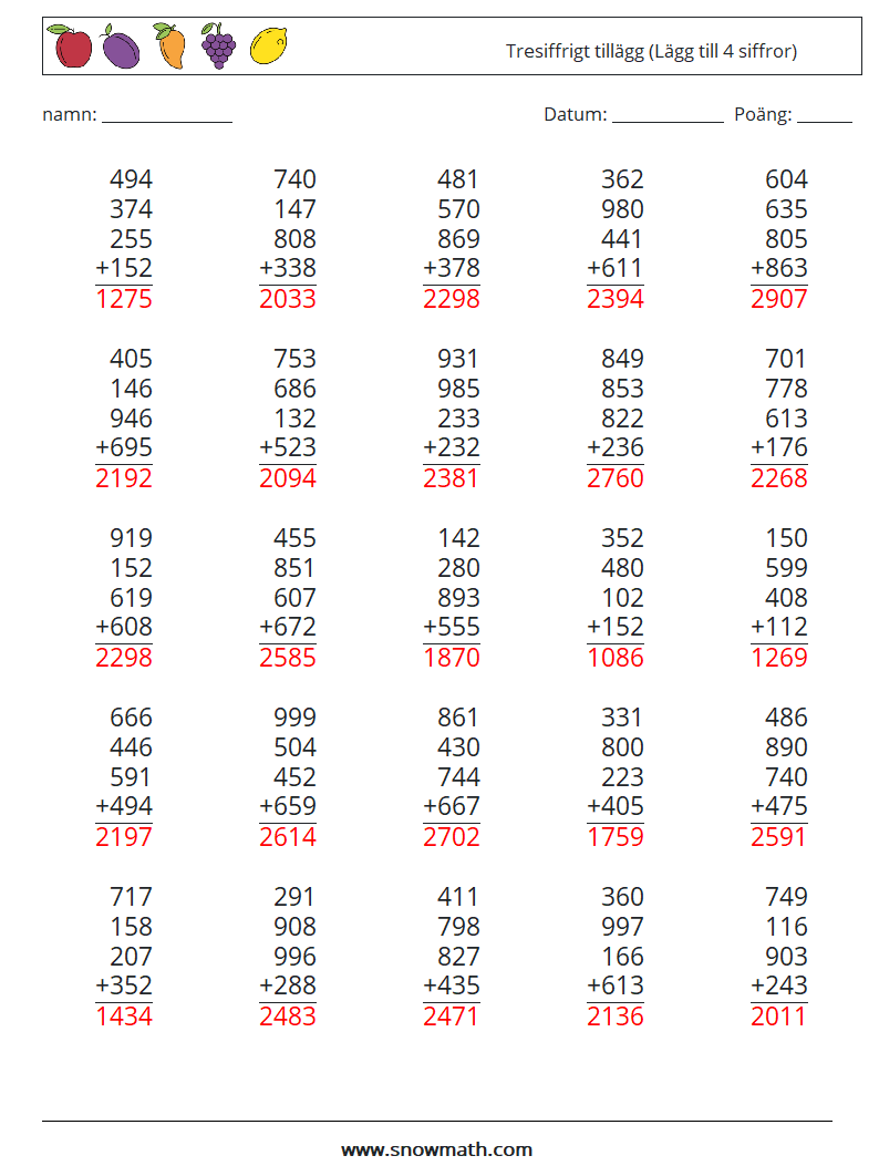 (25) Tresiffrigt tillägg (Lägg till 4 siffror) Matematiska arbetsblad 14 Fråga, svar