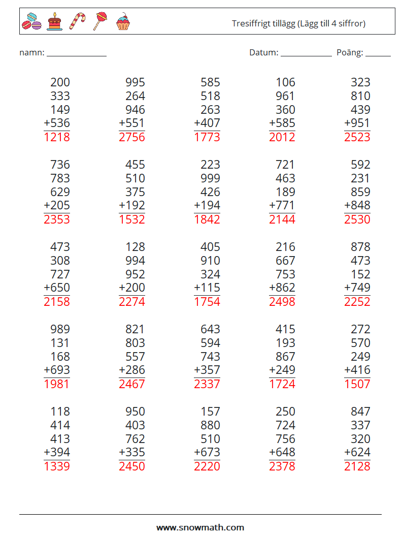 (25) Tresiffrigt tillägg (Lägg till 4 siffror) Matematiska arbetsblad 15 Fråga, svar