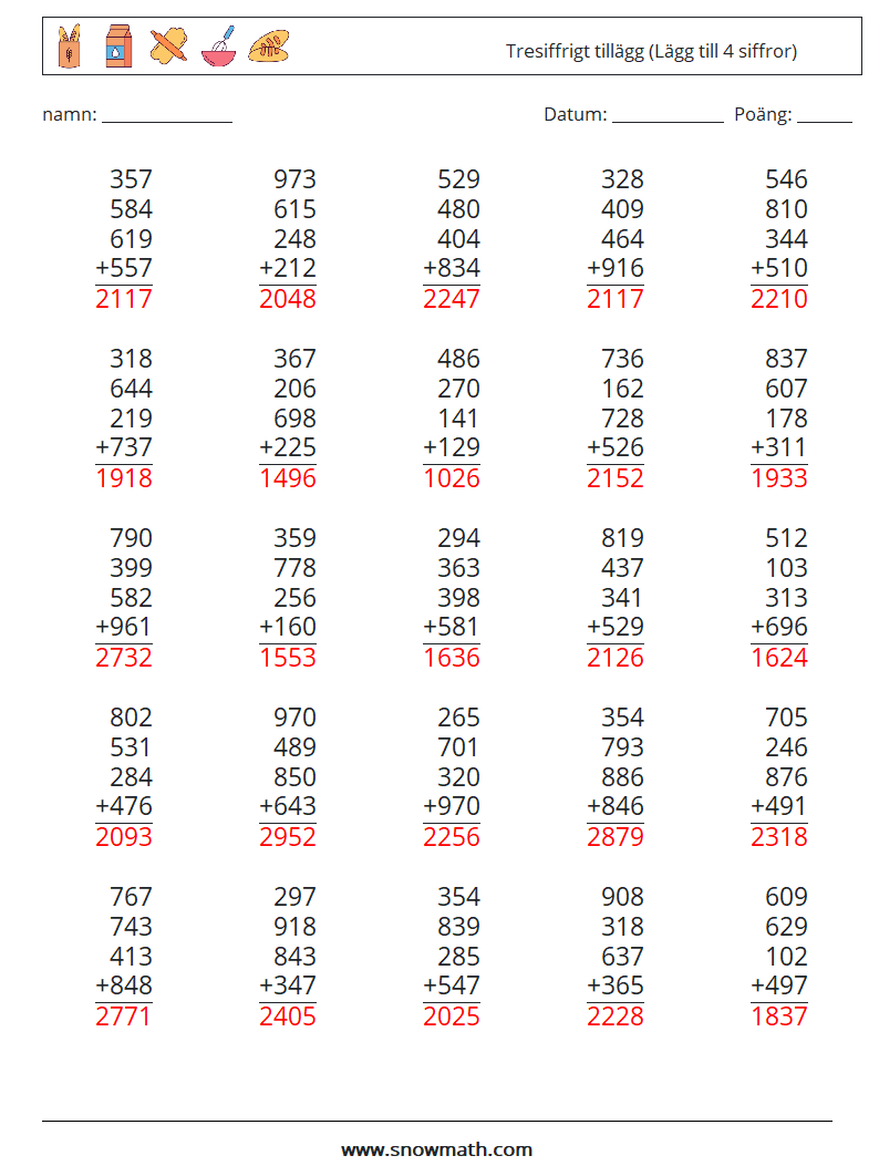 (25) Tresiffrigt tillägg (Lägg till 4 siffror) Matematiska arbetsblad 16 Fråga, svar