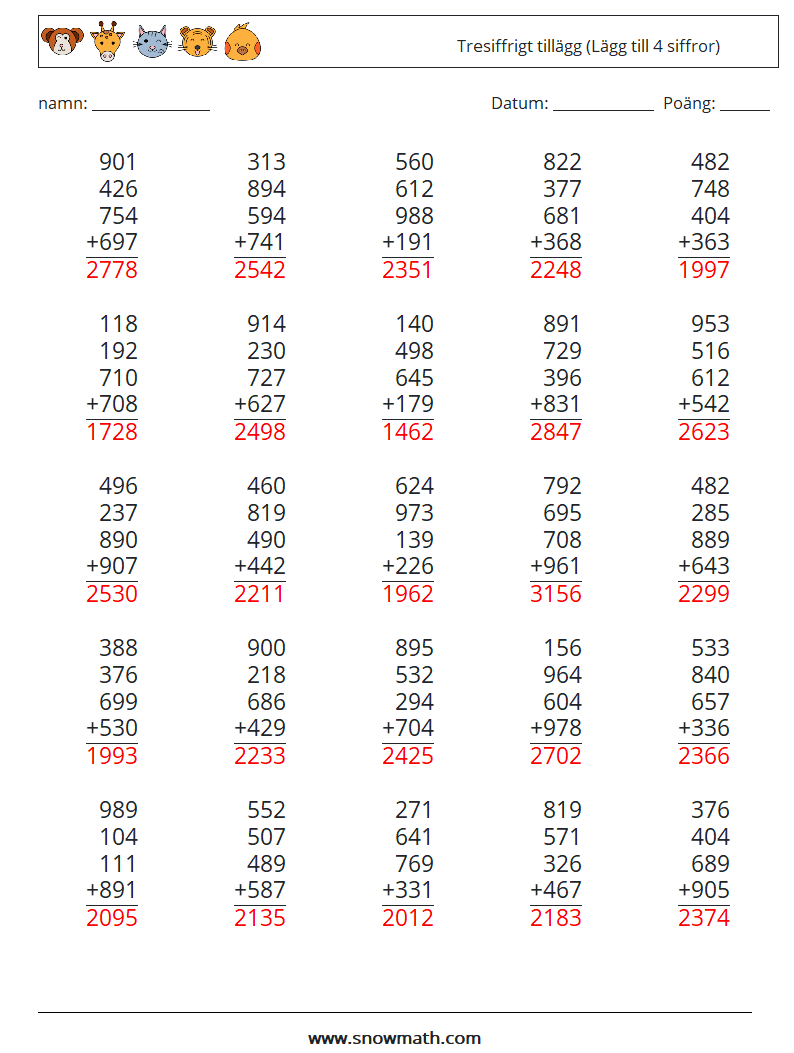 (25) Tresiffrigt tillägg (Lägg till 4 siffror) Matematiska arbetsblad 17 Fråga, svar