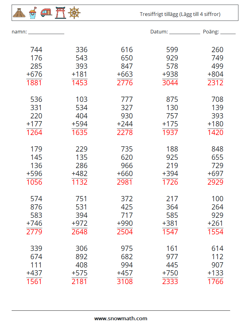 (25) Tresiffrigt tillägg (Lägg till 4 siffror) Matematiska arbetsblad 18 Fråga, svar