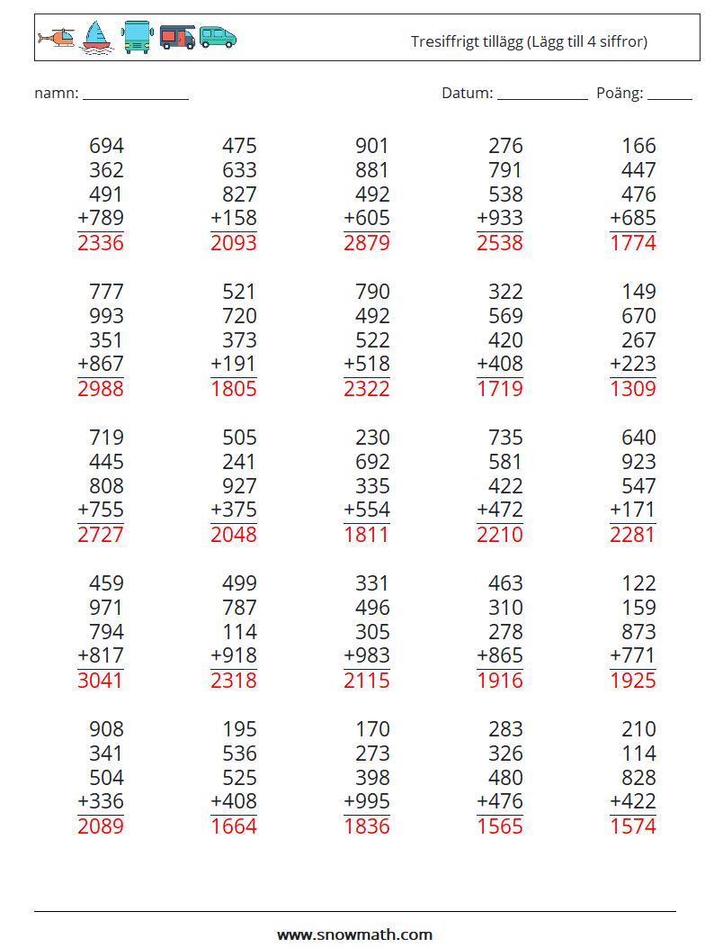 (25) Tresiffrigt tillägg (Lägg till 4 siffror) Matematiska arbetsblad 3 Fråga, svar