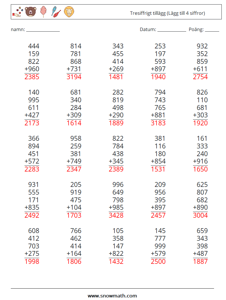 (25) Tresiffrigt tillägg (Lägg till 4 siffror) Matematiska arbetsblad 4 Fråga, svar