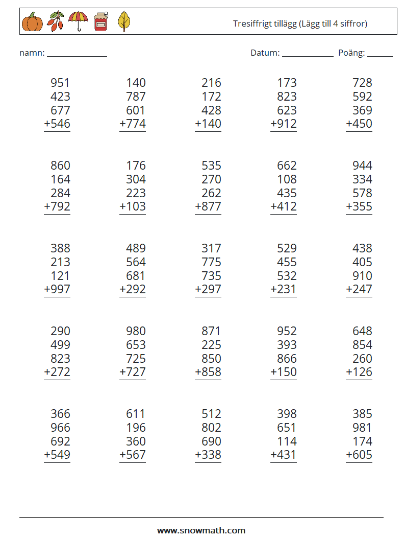 (25) Tresiffrigt tillägg (Lägg till 4 siffror) Matematiska arbetsblad 5