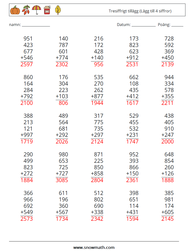 (25) Tresiffrigt tillägg (Lägg till 4 siffror) Matematiska arbetsblad 5 Fråga, svar