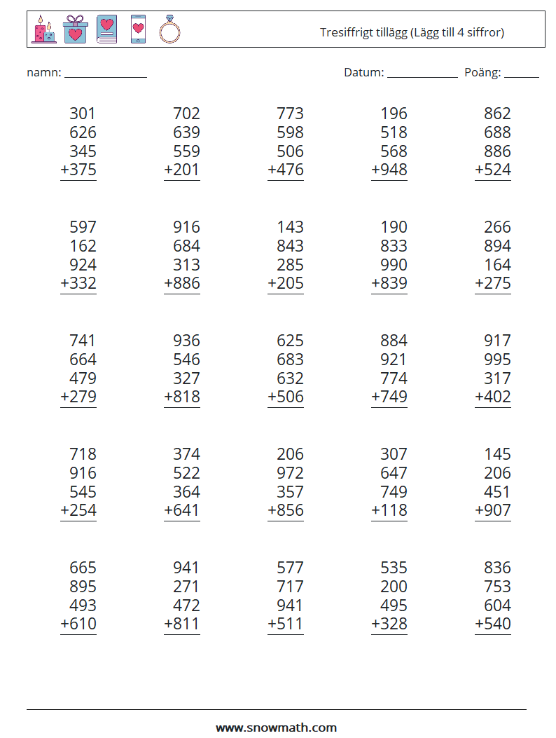 (25) Tresiffrigt tillägg (Lägg till 4 siffror) Matematiska arbetsblad 6