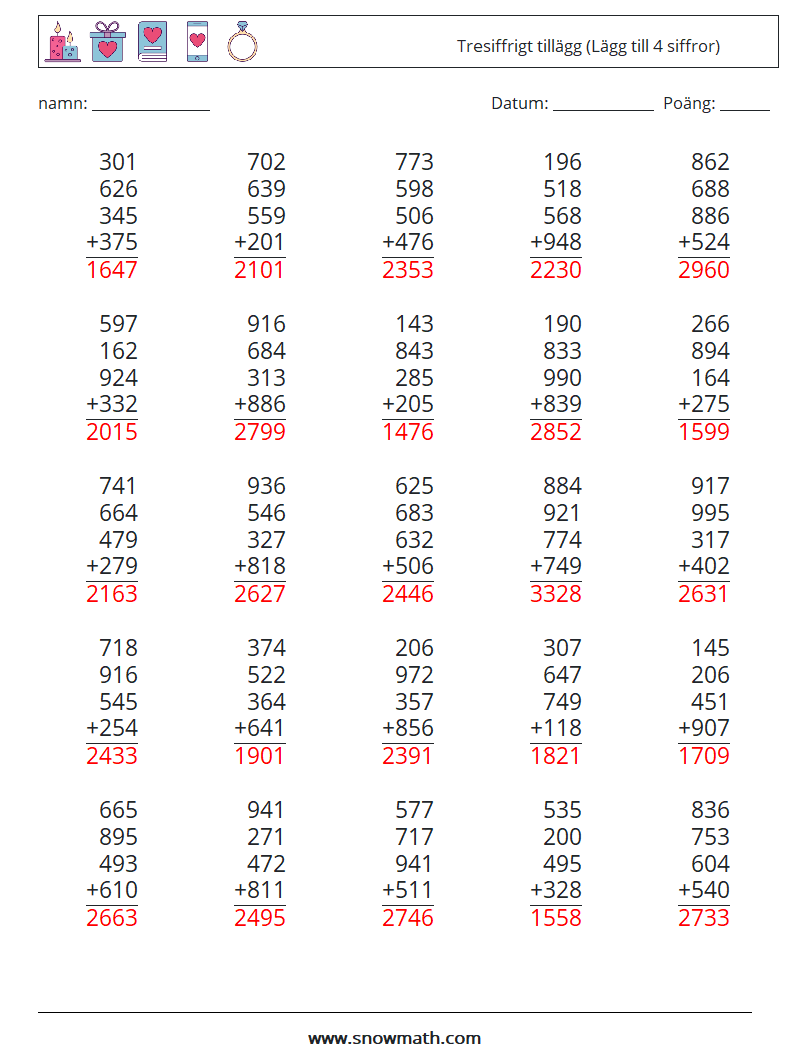 (25) Tresiffrigt tillägg (Lägg till 4 siffror) Matematiska arbetsblad 6 Fråga, svar