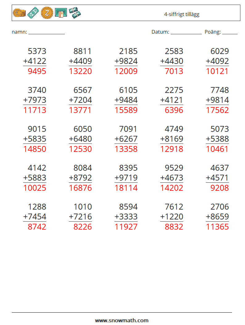 (25) 4-siffrigt tillägg Matematiska arbetsblad 11 Fråga, svar