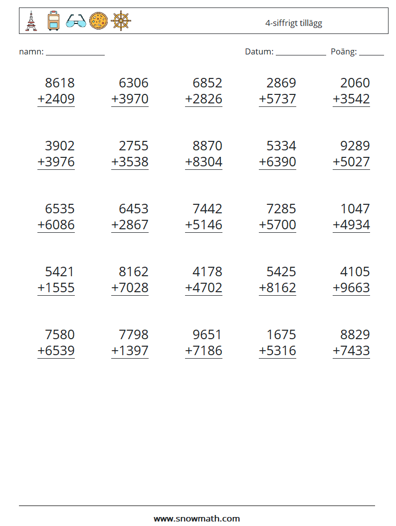 (25) 4-siffrigt tillägg Matematiska arbetsblad 14