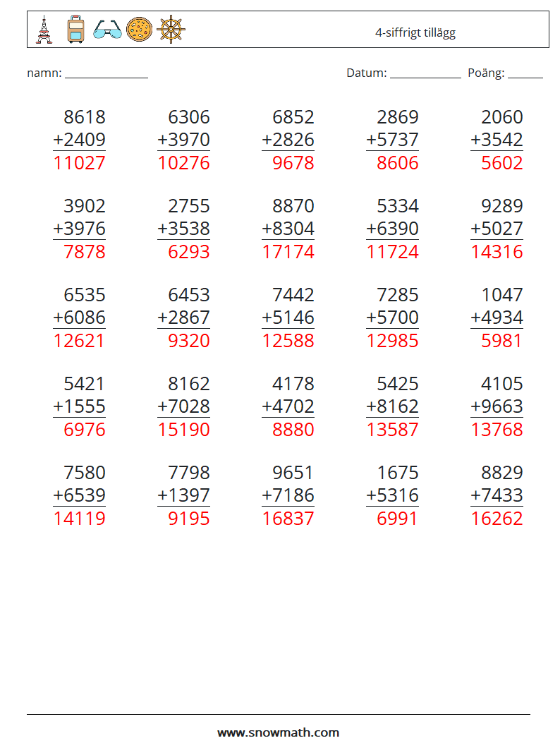 (25) 4-siffrigt tillägg Matematiska arbetsblad 14 Fråga, svar