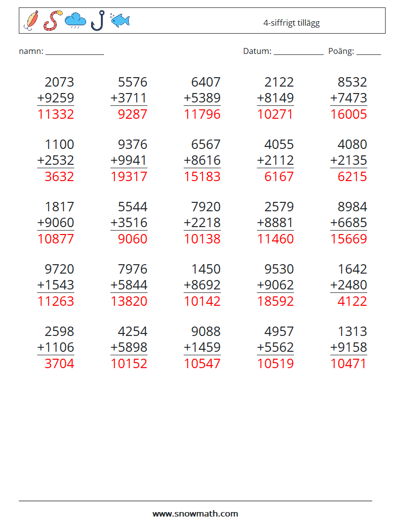 (25) 4-siffrigt tillägg Matematiska arbetsblad 2 Fråga, svar