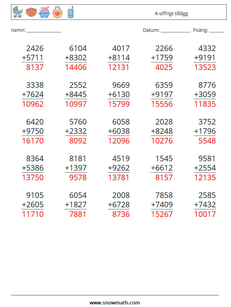 (25) 4-siffrigt tillägg Matematiska arbetsblad 9 Fråga, svar