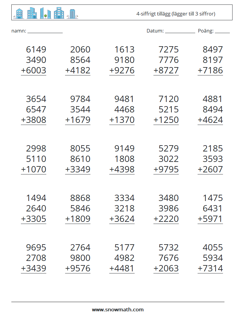 (25) 4-siffrigt tillägg (lägger till 3 siffror) Matematiska arbetsblad 10