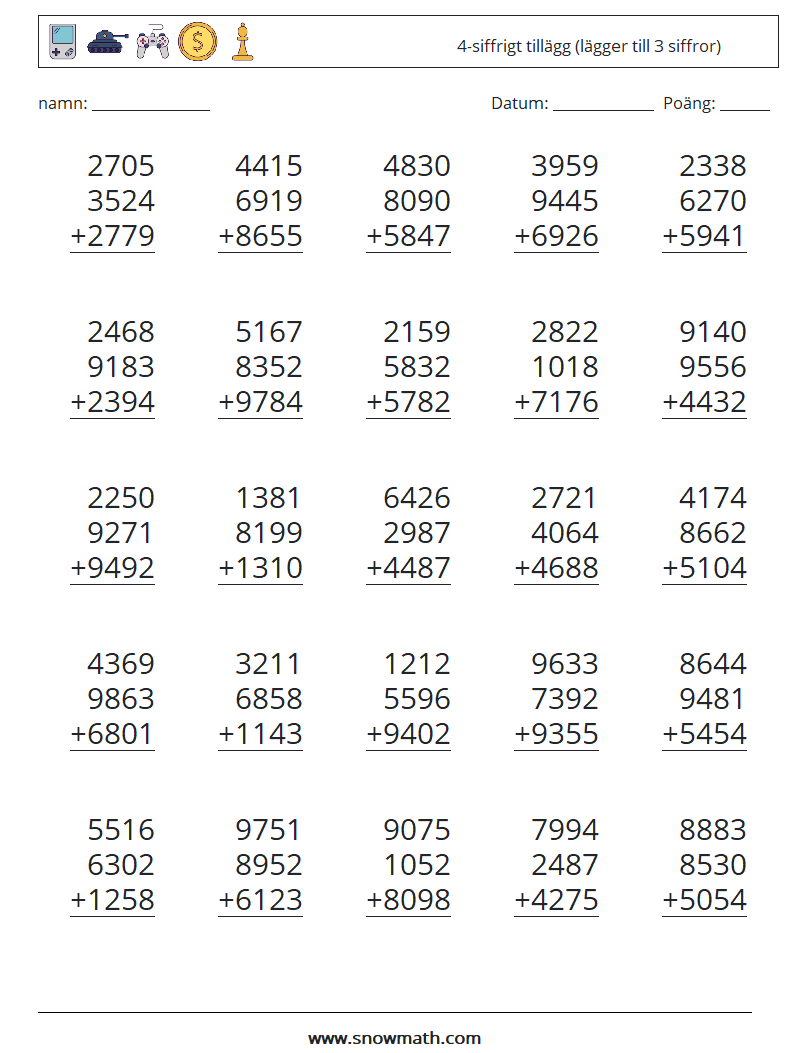 (25) 4-siffrigt tillägg (lägger till 3 siffror) Matematiska arbetsblad 11