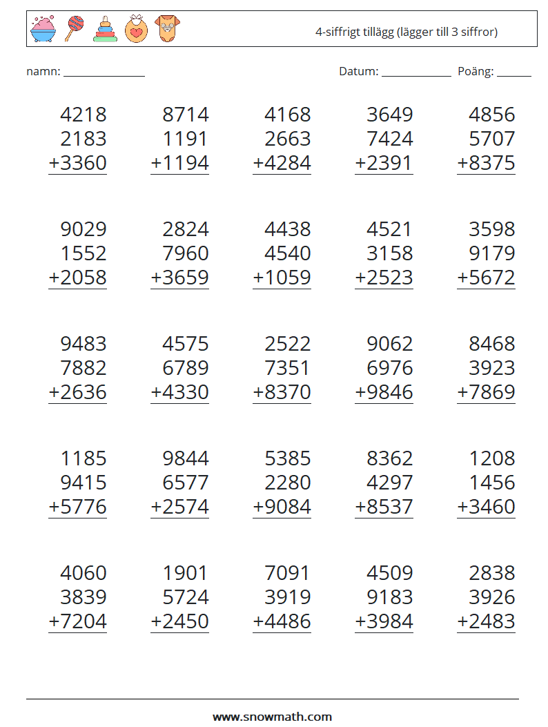 (25) 4-siffrigt tillägg (lägger till 3 siffror) Matematiska arbetsblad 12