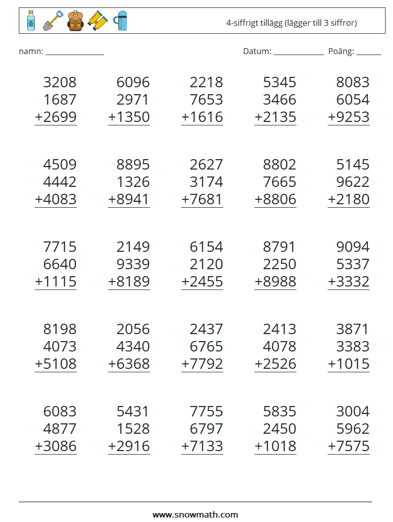 (25) 4-siffrigt tillägg (lägger till 3 siffror) Matematiska arbetsblad 13