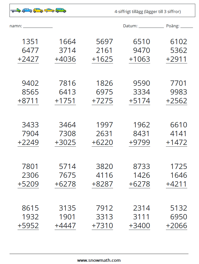 (25) 4-siffrigt tillägg (lägger till 3 siffror) Matematiska arbetsblad 14