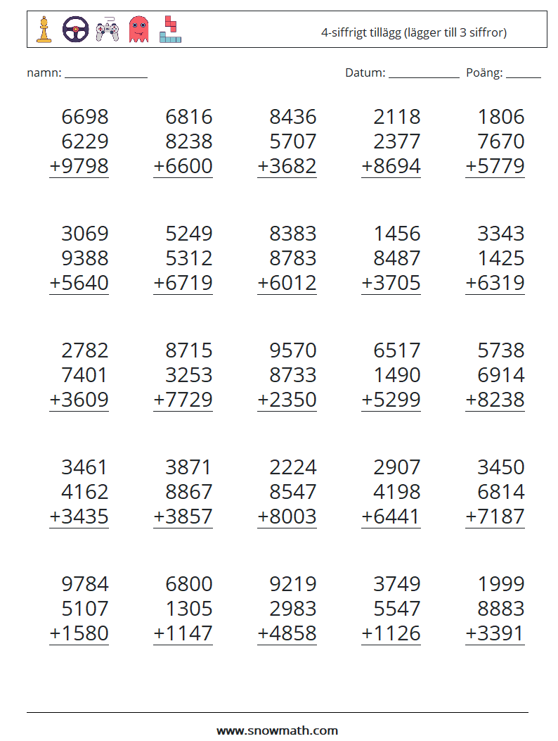 (25) 4-siffrigt tillägg (lägger till 3 siffror) Matematiska arbetsblad 15
