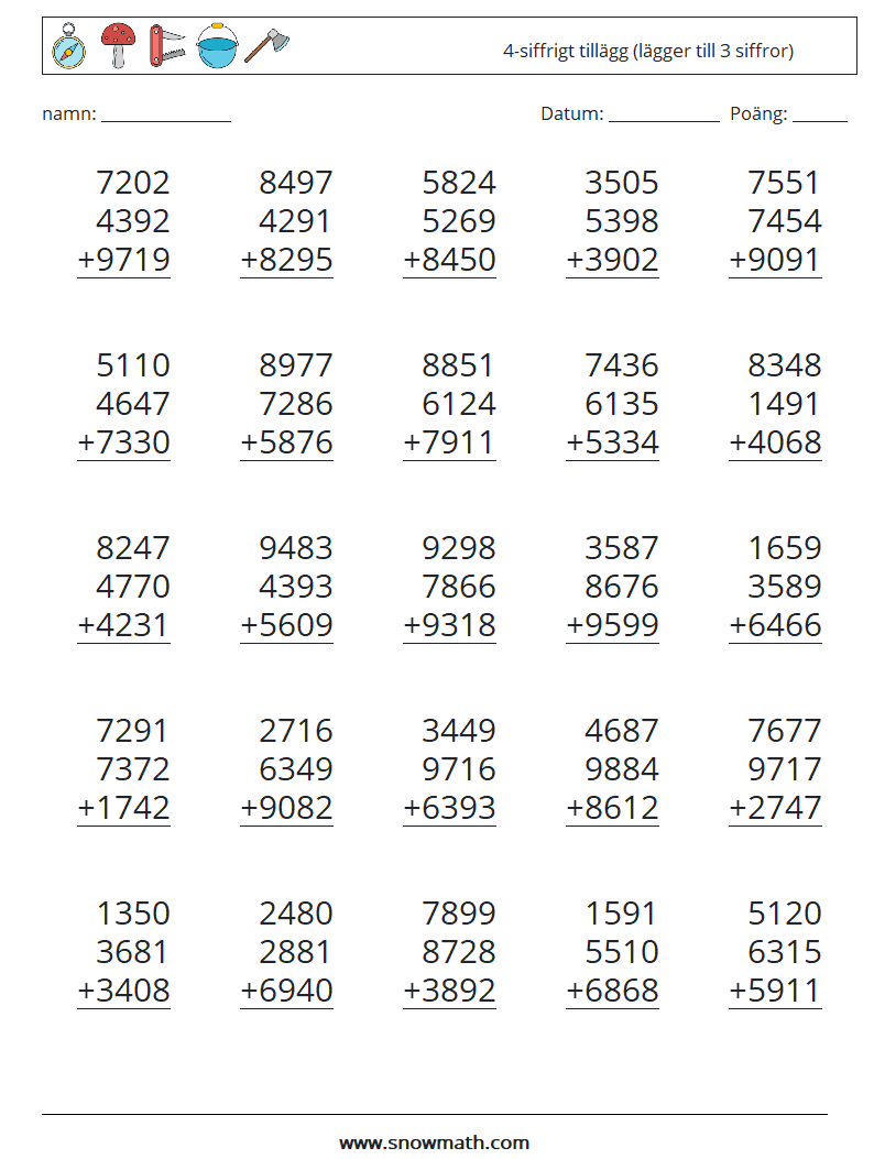 (25) 4-siffrigt tillägg (lägger till 3 siffror) Matematiska arbetsblad 17