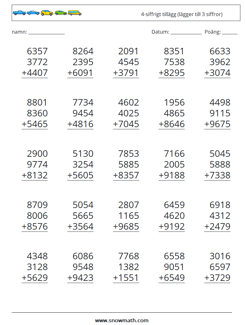 (25) 4-siffrigt tillägg (lägger till 3 siffror) Matematiska arbetsblad 18
