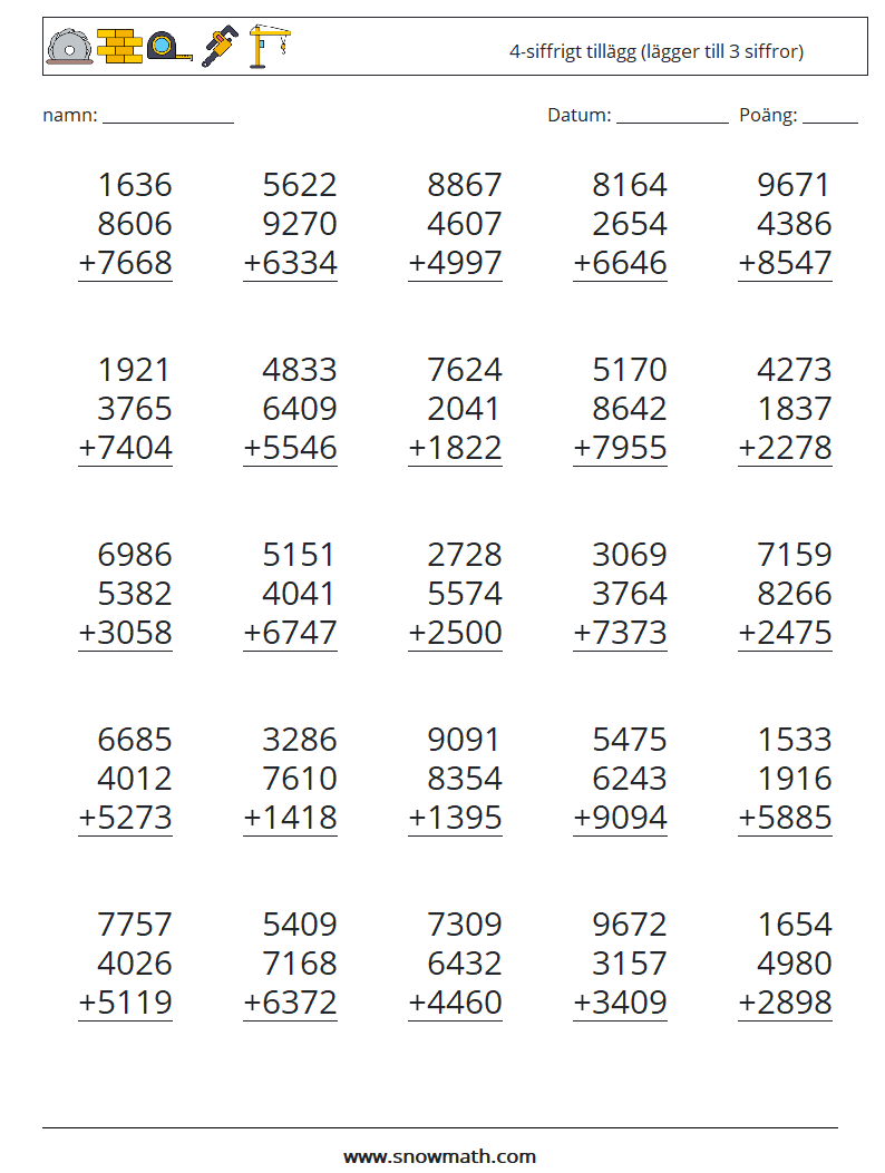 (25) 4-siffrigt tillägg (lägger till 3 siffror) Matematiska arbetsblad 2
