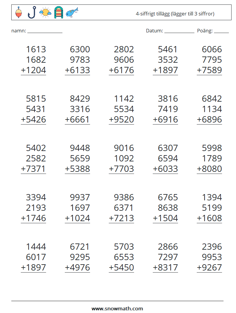(25) 4-siffrigt tillägg (lägger till 3 siffror) Matematiska arbetsblad 3