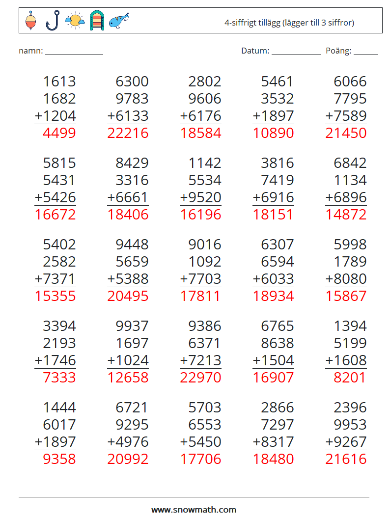 (25) 4-siffrigt tillägg (lägger till 3 siffror) Matematiska arbetsblad 3 Fråga, svar