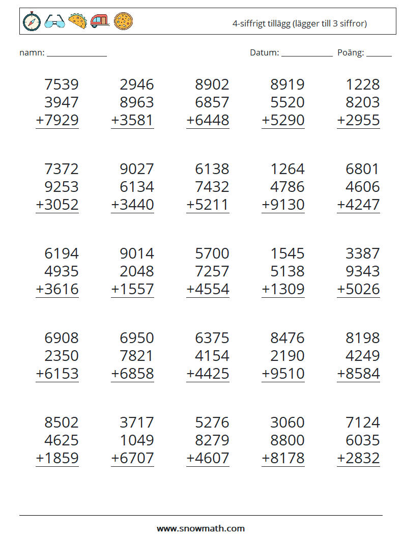 (25) 4-siffrigt tillägg (lägger till 3 siffror) Matematiska arbetsblad 4