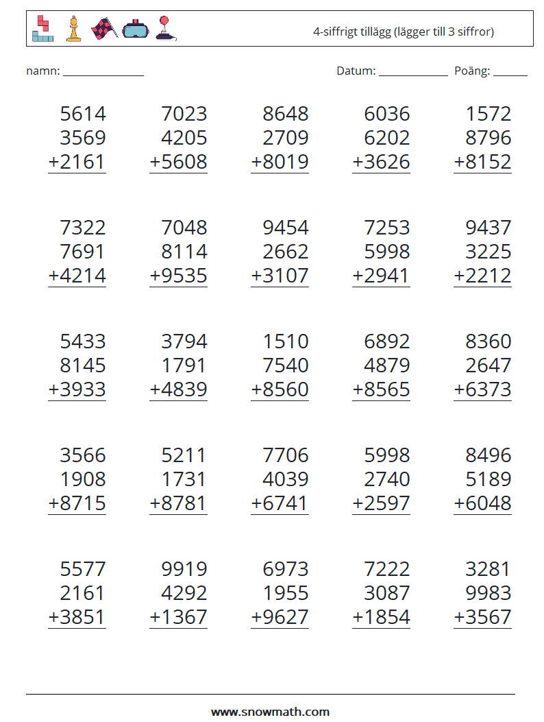 (25) 4-siffrigt tillägg (lägger till 3 siffror) Matematiska arbetsblad 6