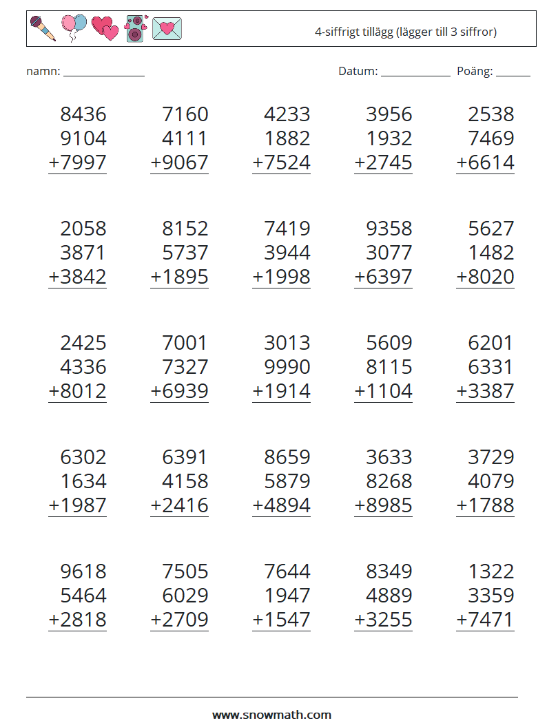 (25) 4-siffrigt tillägg (lägger till 3 siffror) Matematiska arbetsblad 7