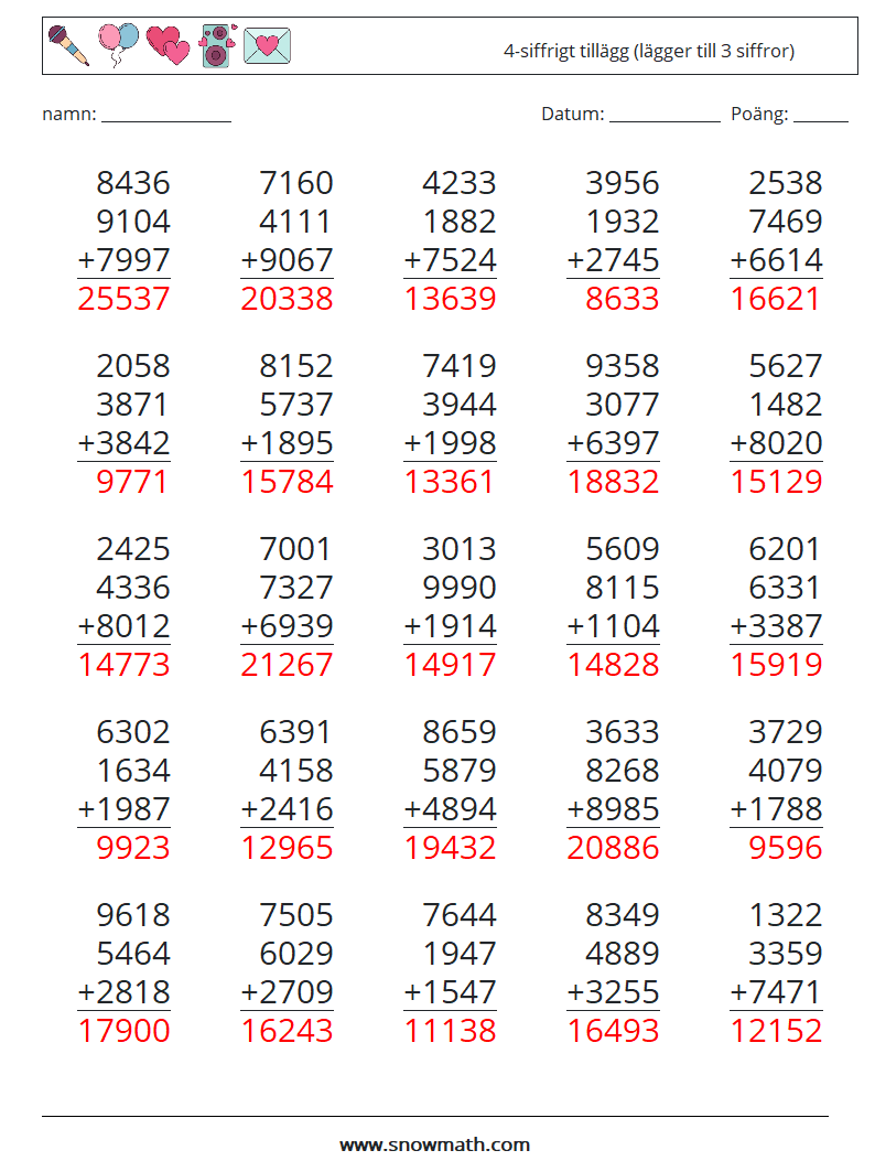 (25) 4-siffrigt tillägg (lägger till 3 siffror) Matematiska arbetsblad 7 Fråga, svar