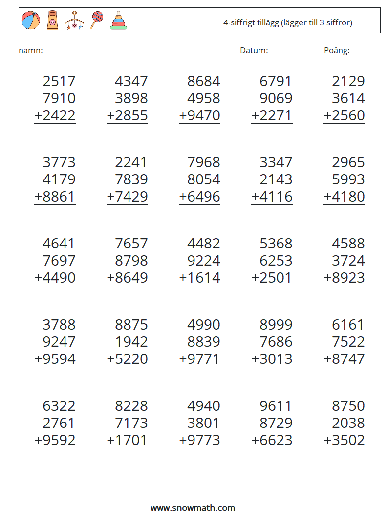 (25) 4-siffrigt tillägg (lägger till 3 siffror) Matematiska arbetsblad 8