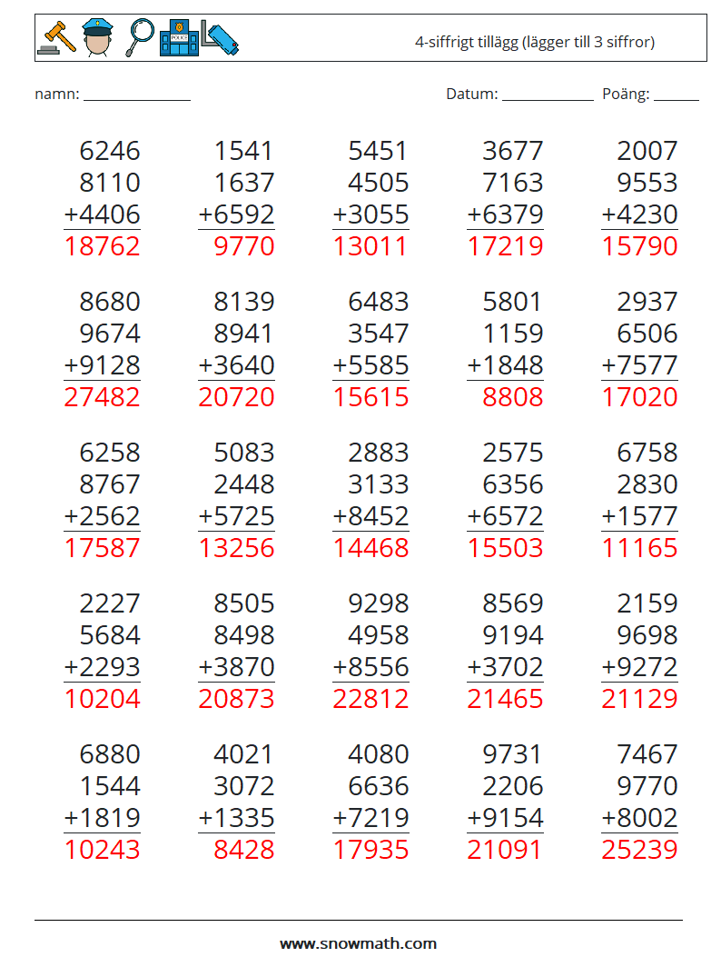 (25) 4-siffrigt tillägg (lägger till 3 siffror) Matematiska arbetsblad 9 Fråga, svar