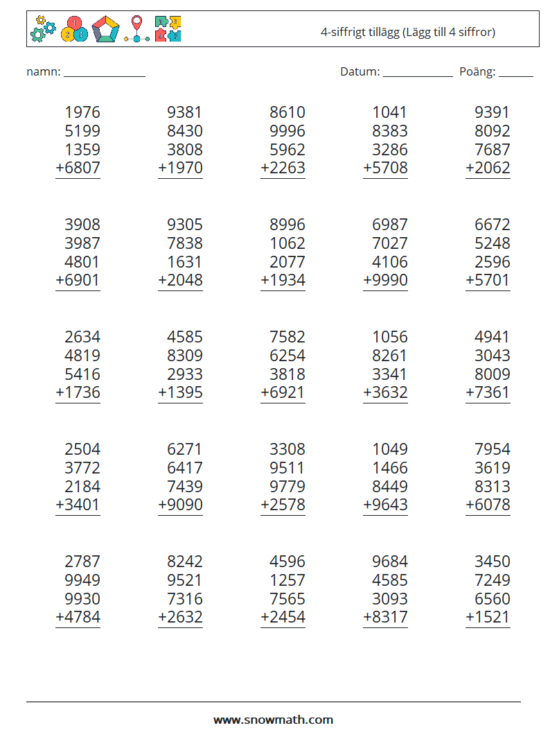 (25) 4-siffrigt tillägg (Lägg till 4 siffror) Matematiska arbetsblad 1