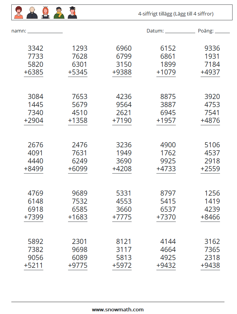 (25) 4-siffrigt tillägg (Lägg till 4 siffror) Matematiska arbetsblad 10