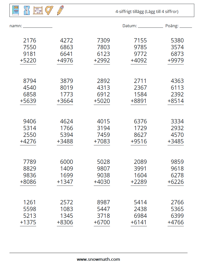 (25) 4-siffrigt tillägg (Lägg till 4 siffror) Matematiska arbetsblad 12