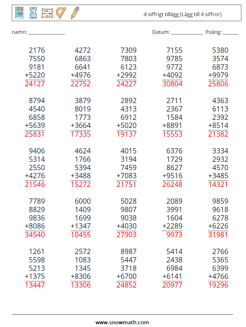 (25) 4-siffrigt tillägg (Lägg till 4 siffror) Matematiska arbetsblad 12 Fråga, svar