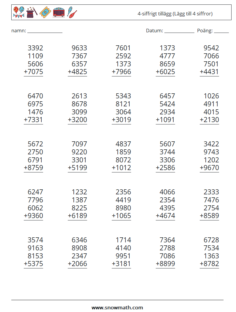 (25) 4-siffrigt tillägg (Lägg till 4 siffror) Matematiska arbetsblad 14