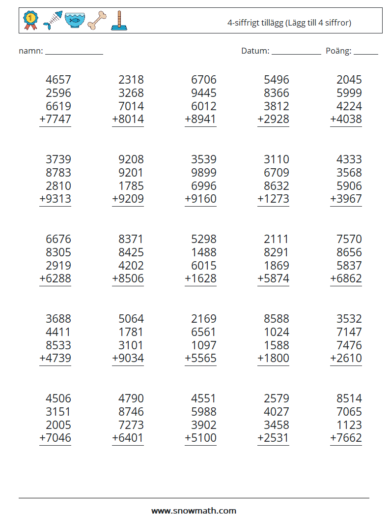 (25) 4-siffrigt tillägg (Lägg till 4 siffror) Matematiska arbetsblad 15