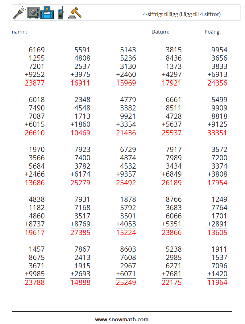 (25) 4-siffrigt tillägg (Lägg till 4 siffror) Matematiska arbetsblad 16 Fråga, svar