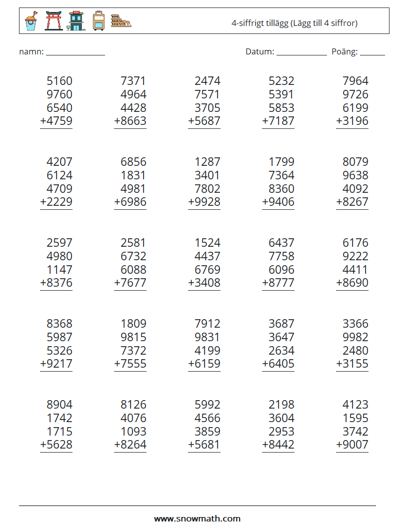 (25) 4-siffrigt tillägg (Lägg till 4 siffror) Matematiska arbetsblad 17