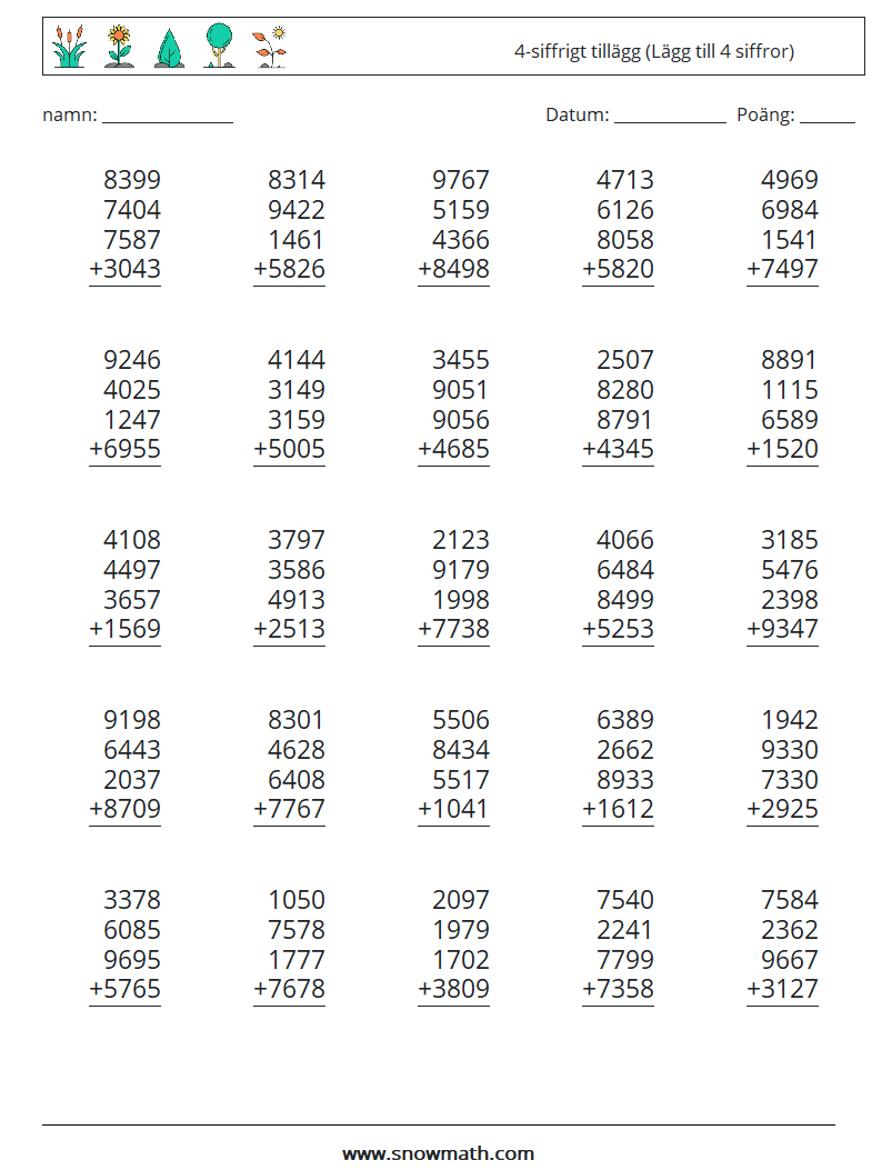 (25) 4-siffrigt tillägg (Lägg till 4 siffror) Matematiska arbetsblad 18