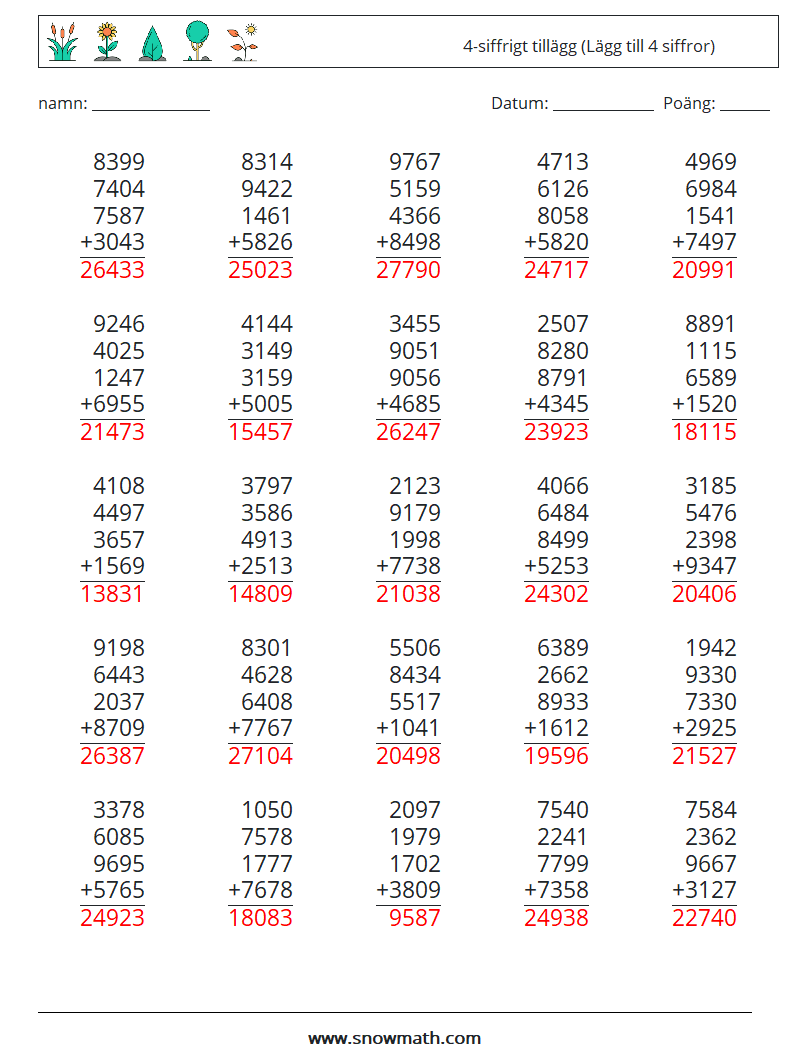 (25) 4-siffrigt tillägg (Lägg till 4 siffror) Matematiska arbetsblad 18 Fråga, svar