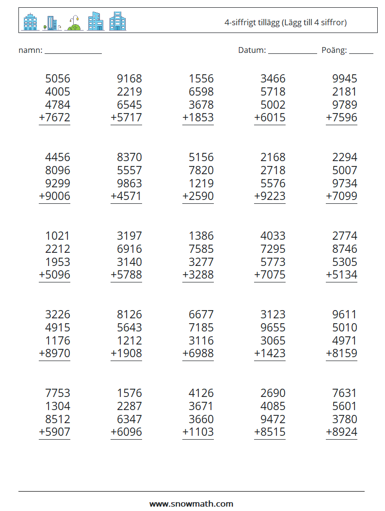 (25) 4-siffrigt tillägg (Lägg till 4 siffror) Matematiska arbetsblad 2
